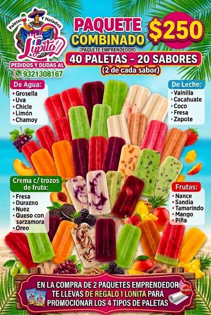 Cartel del paquete combinado emprendedor con 40 paletas, 20 sabores, dos de cada sabor por 250 pesos