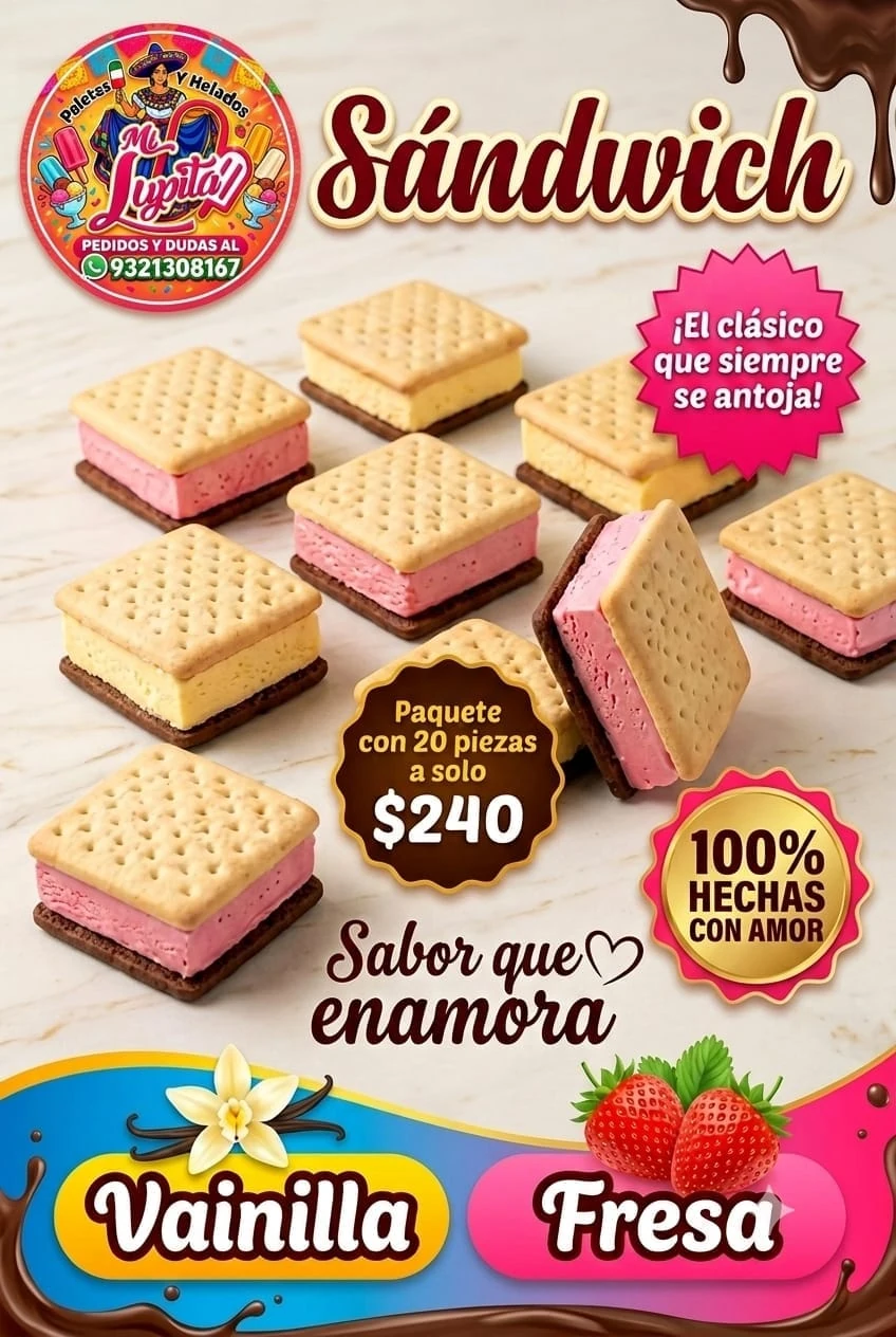 Anuncio de sándwich de helado sabor vainilla y fresa: 20 piezas por 240 pesos